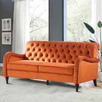 Moderan i slobodno vrijeme Velvet Tkanini Tapacirani kauč na tri sjedala sa gumbom s gumenom dizajnom i drvenim nogama oblika kruga za dnevni boravak, narandžaste