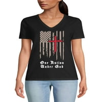 Ma Croi ženska premium V-izrez majica Jedna nacija pod boga grafičkim tiskom, 4. jula Dan nezavisnosti