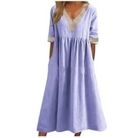 Ležerne haljine za žene Trendy V izrez čipke kratkih rukava pamučna posteljina za odmor Ljeto midi sandresses