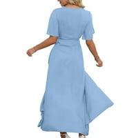 Haljine za žene A-line Maxi Čvrsti kratki rukav V-izrez Slim FIT casual a-line haljine plavi m