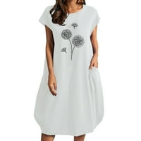 Ljetne haljine za žene maslačak od tiskane labave kratkih rukava sa džepom pamučne posteljine dužine