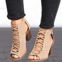 Ecqkame Ženske srednje potpetice cipele modne ženske cipele prozračne klizanje na otvorenom, visoke pete Sandale bež 36