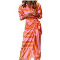 Dugi rukav haljina za jesen ženska modna haljina Ispis V-izrez Flowy Tired Maxi haljina narančaste veličine