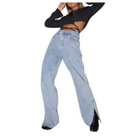 Ženske traperice visokih struka Vintage Labavi džepovi Solid Boja Prave hlače Modni prorez Dečko oprane