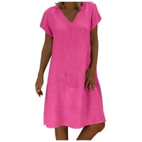 Haljine za žene s kratkim rukavima Solid moda Srednja dužina A-line V-izrez ljetna haljina vruća ružičasta