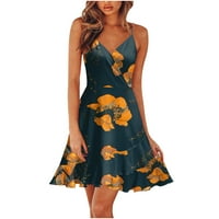 Ljetne haljine za žene Dužina koljena A-line bez rukava bez rukava s V-izrezom od tiskane haljine žuti
