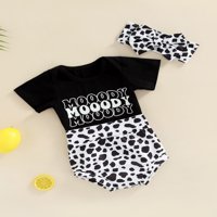 Aturuste novorođenčad LEALette outfit crni kratki rukav ROMper + krava kratke hlače i glava