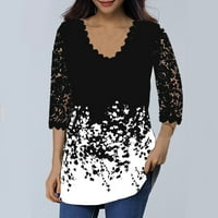 Proljetni vrhovi za žene čipke s rukavima V izrez cvjetne majice bluze crne m