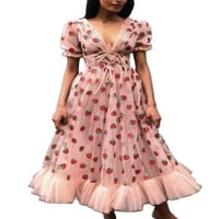 Ženska modna haljina od jagode od jagode Ljeto kratki ili dugi rukav V-izrez Slim Fit A-line haljina