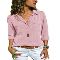 NOILLA dame vrhovi gumb down bluza džepovi košulje žene elegantna tunika majica pune boje TEE ružičasta