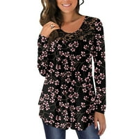 Ženski casual labav dugi rukav tiskani tuniki vrhovi čipkasti panel na pločice na pločice bluze trendy jeseni košulja košulja košulja dukserica