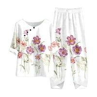 Ženske plus veličine pamučne posteljine odjeće Trendi ljetni cvjetni print kratkih rukava Gumb Crewneck