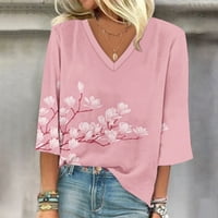Ženska modna ležerna majica vrhovi rukava V izrez cvjetni print Tunic labavi fit bluze ružičasti l