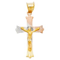 14k Tri Color Gold Diamond Cret Crucifi Isus Cross Mark Charm Privjesak sa FIGARO 3+ lančanom ogrlicom