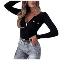 Entyinea ženske majice labavi fit plus veličine dugih rukava V-izrez modna majica crna xxl