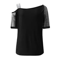 Žene plus veličina Ženska casual bluza od tiskane majice MESH-a-rame Patchwork kratkih rukava crne boje