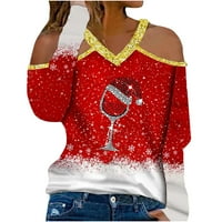 Ženski božićni print V-vrat sa ramena majica s dugim rukavima TOP NULL ženski povremeni božićni tisak