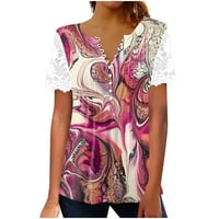 Amousa ženska ležerna modna V izrez čipkasti panel Ispis majica kratkih rukava Top ženskih vrhova