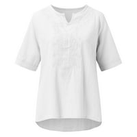 Košulje za žene labave fit solidne boje pamučna posteljina moda v izrez vezeni reljefni kratki rukav