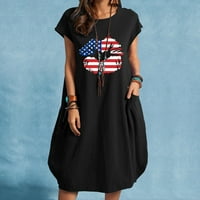 Dame od ispisane haljine s kratkim rukavima za žene Ljetne okrugle haljine s džepom 4. srpnja u SAD-u