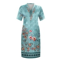 GDFUN Ljetna haljina za žene Plus veličine V-izrez kratki rukav print džepne koljena haljina ženska