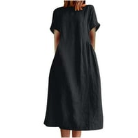 Pamučne platnene haljine za žene casual labavi fit solid color crewneck kratki rukav ljetni midi haljina