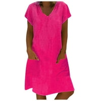 Ženske haljine čišćenje kratkih rukava puna labava haljina, a-line V-izrez ljetna haljina vruća ružičasta