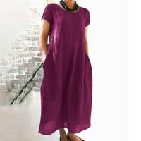 Huachen ženska ljetna casual solidna boja kratki rukav O-izrez za šivanje labavog džepa pamučna haljina