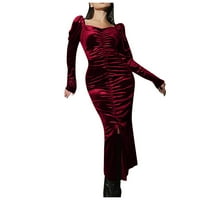 Ženska modna čvrsta boja naleted tankim splitske haljine s dugim rukavima