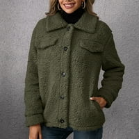 Ženska modna labava casual reverska plišana jakna janjeća od jednobojne jakne, vojska zelena