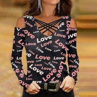 Ženska modna Ležerni dan zaljubljenih tiskani V-izrez križa preko ramena dugih rukava Top Black L