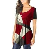 Geometrijski uzorak Blok boju Henley gumb scoop vrhovima vrata za žene ljetni trendi majica kratkih