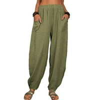 Hlače za žene široka noga ljetna pamučna džepa Solidna teretna hlače hlače hlače hlače zelena m