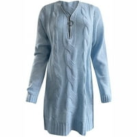 Drvene haljine za žene Žene Zipper V-izrez Dugi rukav modni rušili košulje mini haljina nebesko plavo