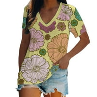 Ženski cvjetni tisak V izrez T majica Ljeto Flowy s kratkim rukavima tiskani tunik za žene Žuta l
