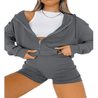 Lieramrov ženski set za trag, dugačak rukav puni kapuljač + kratke hlače Set Loungewear