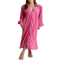 MubIneo ženski gumb dole haljina s dugim rukavima V izrez Solid Boja Nasled midi haljina tunička bluza