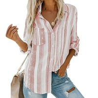 Ženska modna V izrez Striped Roll up rufne gumb dolje Bluze vrhovi sa džepnim labavim košuljom ružičastom