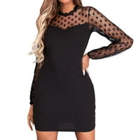 IOPQO Crne haljine za žene sjajna mreža za šivanje glamurozna crna O-izrez mini haljina nepravilna haljina
