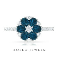 Priroda nadahnuta cvjetni prsten - London Blue Topaz prsten sa dijamant, 14k bijelo zlato, US 3,00