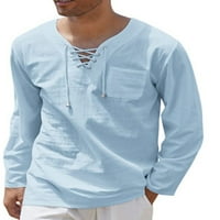 Haite Muške čipke sa džepnim košuljima Plain V izrez Tunika košulje za odmor s dugim rukavima Vintage