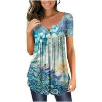 Žene ljetne modne vrhove Dressy tunika majica V-izrez kratki rukav casual gumb dolje cvjetno svijetlo plava l