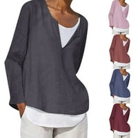 Košulje s dugim rukavima za žene prema ženskoj čvrstom tipku V-izrez Casual Labavi pamučni pamučni posteljina