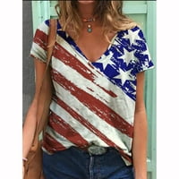 Žene Ručno oslikana američka majica zastava V izrez TEE košulja Pulover kratki rukav Dan nezavisnosti