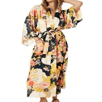 Rejlun Women Kimono Robe Cvjetni print Bathrobe sljeva haljina labava odjeća Casual Lounge Pijamas Yellow