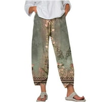 Ženske posteljine hlače Ljeto Capris Hlače visokog struka ispisane široke džepove za noge Cinch donje