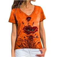 Žene na vrhu Ležerne prilike sa labavim cvjetnim print V-izrezom majica s kratkim rukavima narandžasta