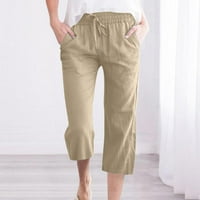 Ženske pamučne posteljine kapri pantalone plus veličina casual vučna elastična struka pune boje labave