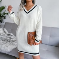 Vedolay haljine Ženske čipke TRIM V izrez dugih rukava džemper dress pletene mini pulover haljine, bijeli