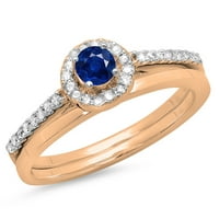 0. Carat 18k Rose Gold Round Blue Sapphire & White Diamond Dame Bridal Angažovanje Halo prsten sa odgovarajućim
